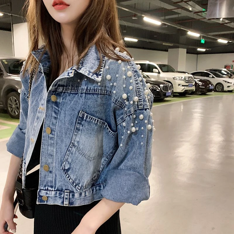 Vintage Plus Size 2020 Women Jean Jacket Pearls Beading Spring New Long Sleeve Pockets Denim Jackets Loose Outwear Female | Женская