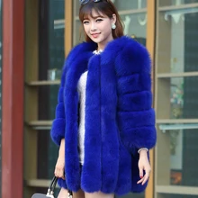 Новое поступление, зимнее женское плотное теплое пальто из искусственного меха с круглым вырезом, тонкая Длинная женская меховая куртка Верхняя одежда розового и синего цвета, PC083