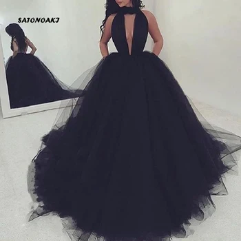 

SATONOAKI Sexy Halter Backless Black Prom Dresses 2019 New Formal Dress Evening Wear Puffy Tulle Women Party Gowns Custom Made
