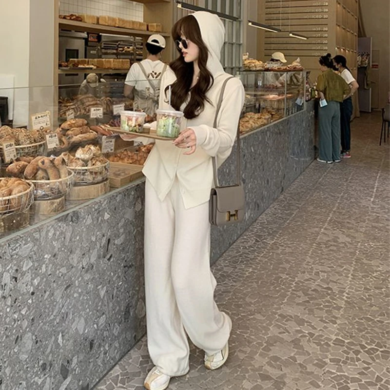 Autumn Winter Casual Knitted 2 Pieces Set Women Hooded Cardigans & Wide Leg Lace-up Knitted Pants Female Sweater Set