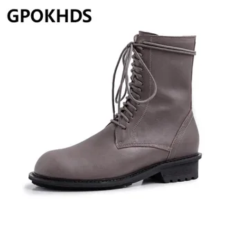 

GPOKHDS 2020 women ankle boots soft cow leather winter short plush lace up round toe high heels equestrian boots party dress