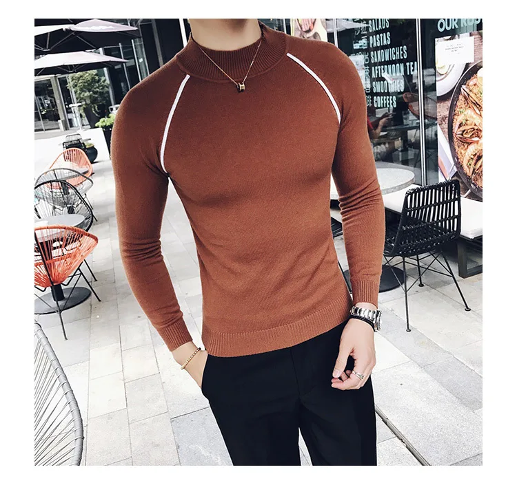 4 цвета контрастная окантовка sueter hombre slim fit полуводолазка пуловер для мужчин Vetement Homme trui heren коричневый slim fit