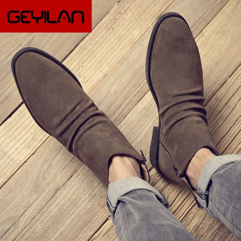 

Men Pointed Toe Vintage Casual Men Shoes Zipper Formal Business Work Ankle Boots Wedding Chelsea Boots Cow Leather Spring
