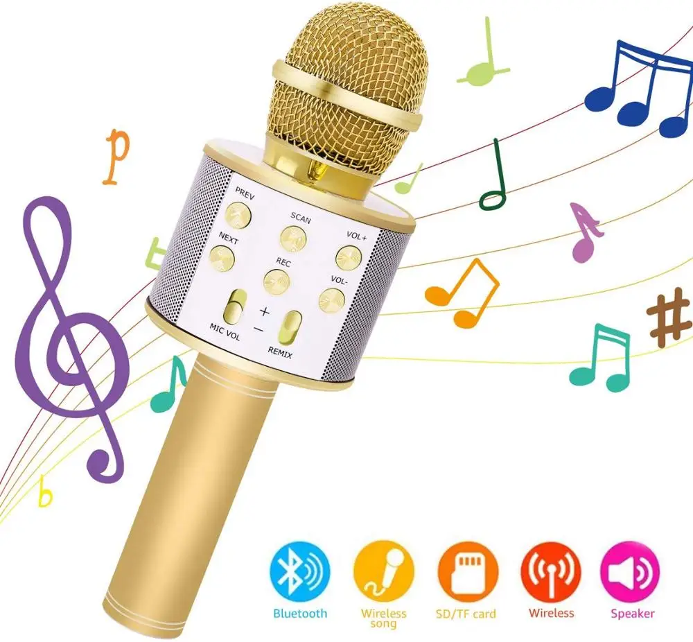 gold Wireless Karaoke Microphone, 3 in 1Handheld Portable Speaker Karaoke Machine, Home KTV Kids Outdoor Birthday Party with Record - Цвет: gold