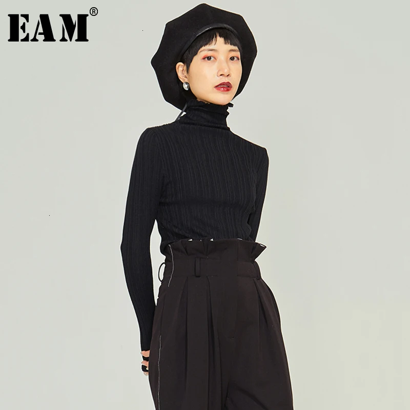^*Best Offers [EAM] Black High Elastic Knitting Sweater Loose Fit Turtleneck Long Sleeve Women Pullovers New Fashion Autumn Winter 2020 1M477