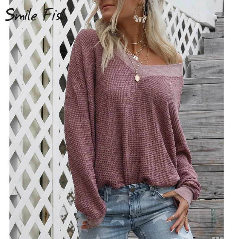 

Autumn Long Sleeve Pullover Jumper Tops Women Fashion Loose Casual Knitted V-Neck Tee Shirts Streetwear T-shirt Plus Size GV834