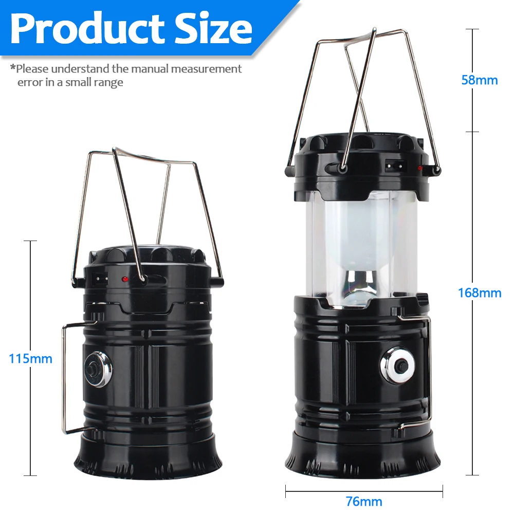 Solar Power Collapsible Lamp Flashlight Portable Camping Light Rechargeable Lantern Outdoor Tent Light Emergency Light Torch