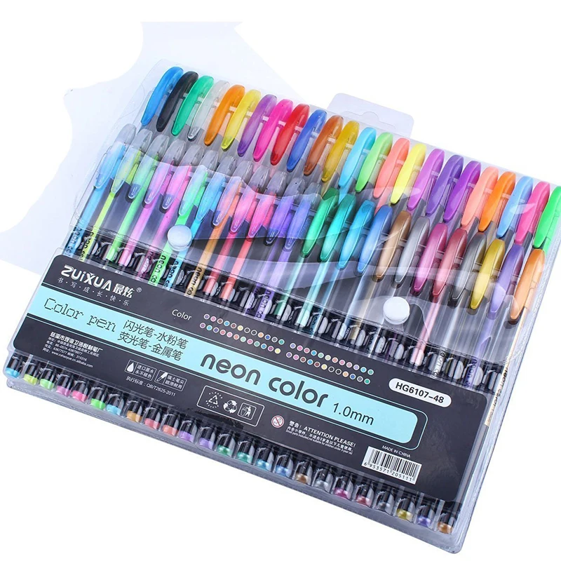 Stylos gel set de 48 pièces - métallisé - paillettes - pastel - fluo - 1mm