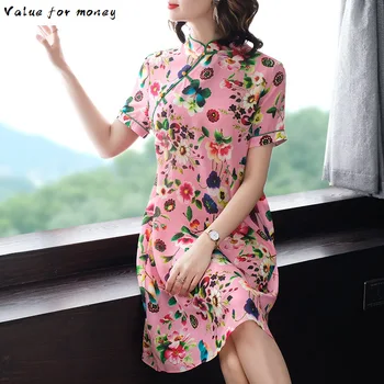 

Silk Real Dress Women Print Floral Beach Dresses Fashion Boho Midi Dress Fashion Elegant Vintage Vestido Mujer P9373 YY2523