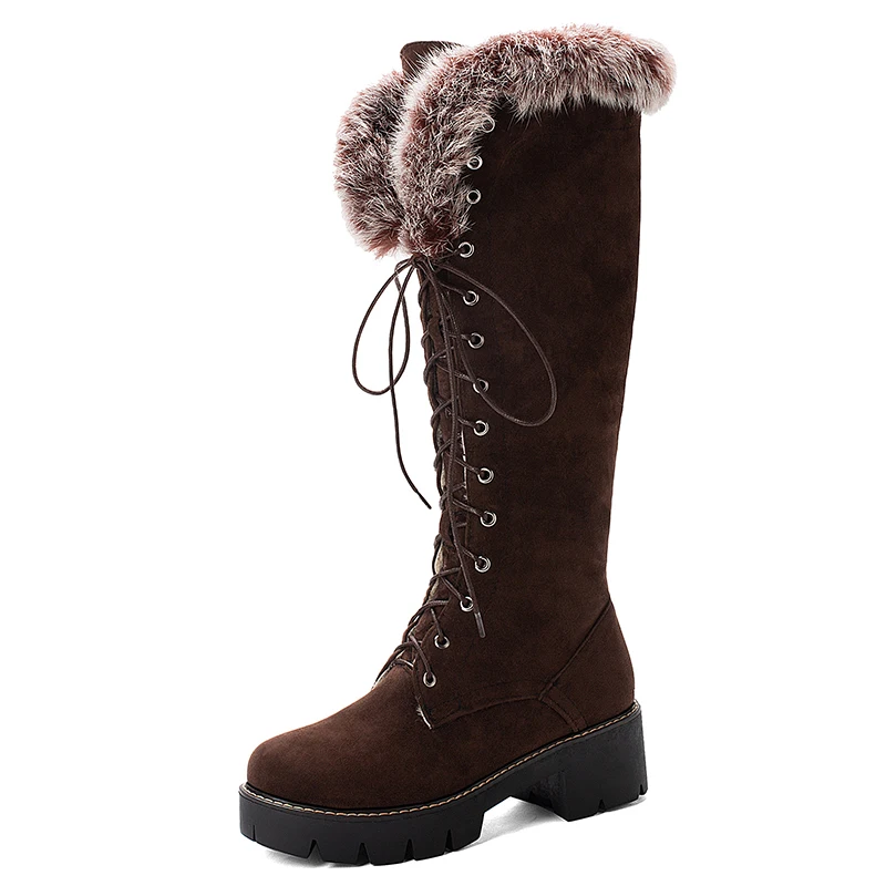 Gdgydh зимняя обувь на шнуровке женские зимние ботинки на натуральном меху женские замшевые сапоги до колена на толстом каблуке, теплая Уличная обувь на молнии, большой размер 43 - Цвет: brown shoes