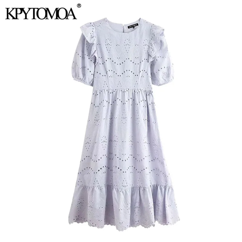 KPYTOMOA Women 2020 Chic Fashion Hollow Out Embroidery Ruffled Midi Dress Vintage Lantern Sleeve Side Zipper Female Dresses KPYTOMOA Women 2020 Chic Fashion Hollow Out Embroidery Ruffled Midi Dress Vintage Lantern Sleeve Side Zipper Female Dresses