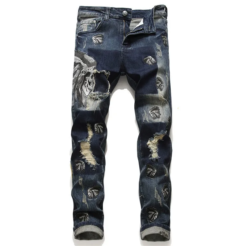 

Original design new winter in Europe and the fashion of Indian men's elastic holes embroidery blue jeans