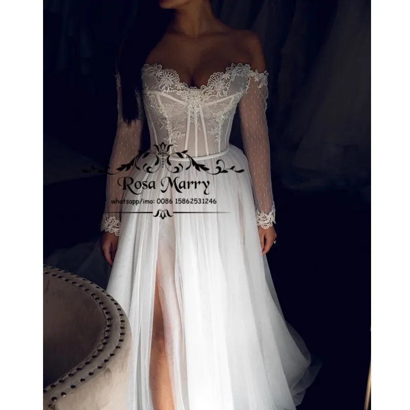 

Modest Plus Size Long Sleeves Wedding Dresses 2020 A Line Off Shoulder Vintage Lace Country Beach Boho Vestido De Novia