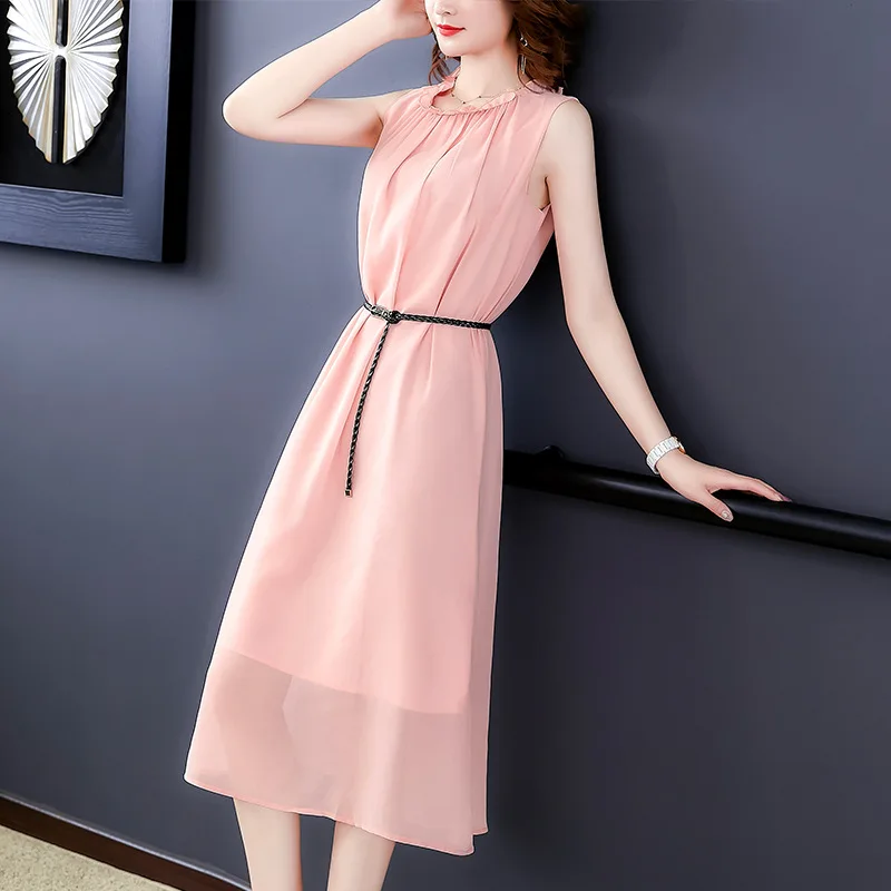 

2019 Summer Wear New Style Korean-style Elegant Mulberry Silk Waist Hugging Mid-length Sleeveless Vest Dress Women's