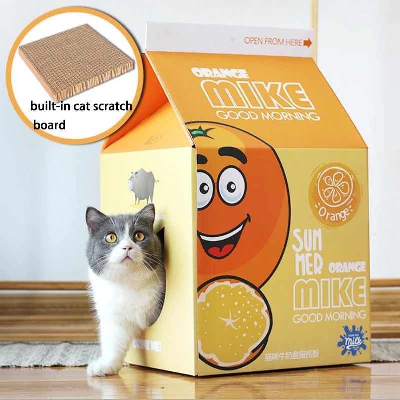 Juice box cat house with folding scratch board corrugated paper nest for small dog puppy cat Sleeping house - Цвет: le mon