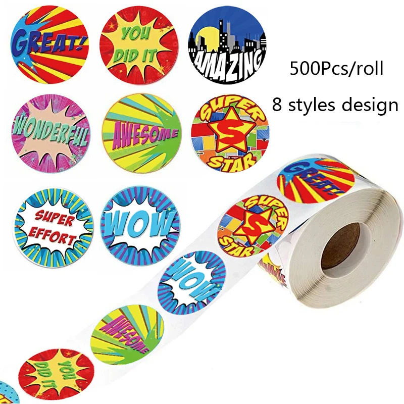 New 500pcs/Roll Super Hero Reward Designs Stickers Encouragement Scrapbooking Paper Seal Students Kids Stationery 2.5cm Sticker