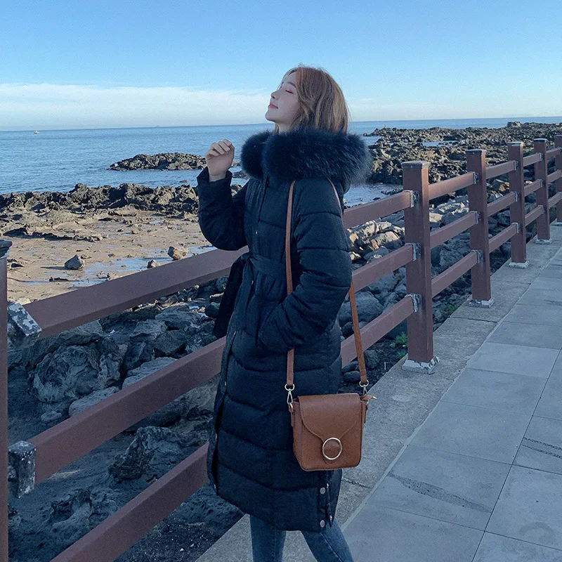 

2019 Winter down Jacket Thick Coat Women's down Coat Cotton-padded Jacket Korean-style Belt Medium-length Slim Fit Slimming over