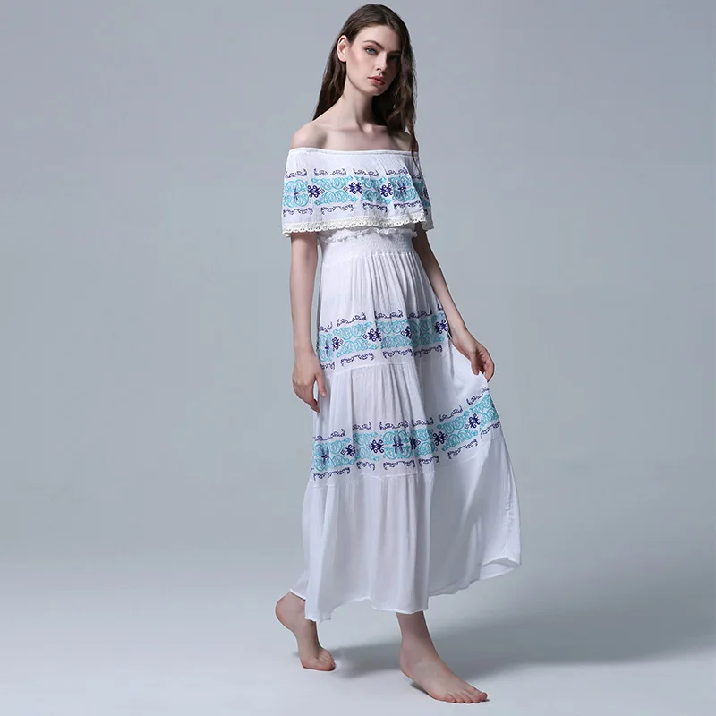 

A new summer sexy woman embroidered bodice with a plunging neckline boho maxi dress beach dress resort dress