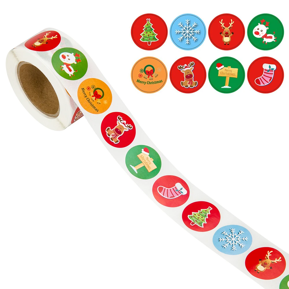 Round Stickers Labels Holiday Christmas Sticker Santa Claus Deer Decorative Adhesive Reward  School Supplies Stationery Sticker 500pcs roll christmas label stickers self adhesive charming christmas present labels festive gift tags sticker holiday decor