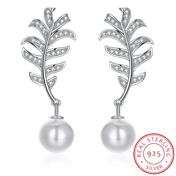 

INALIS 925 sterling silver wedding women's diamond crystal Leaves pearl Stud earrings fashion jewelry for women for a girl