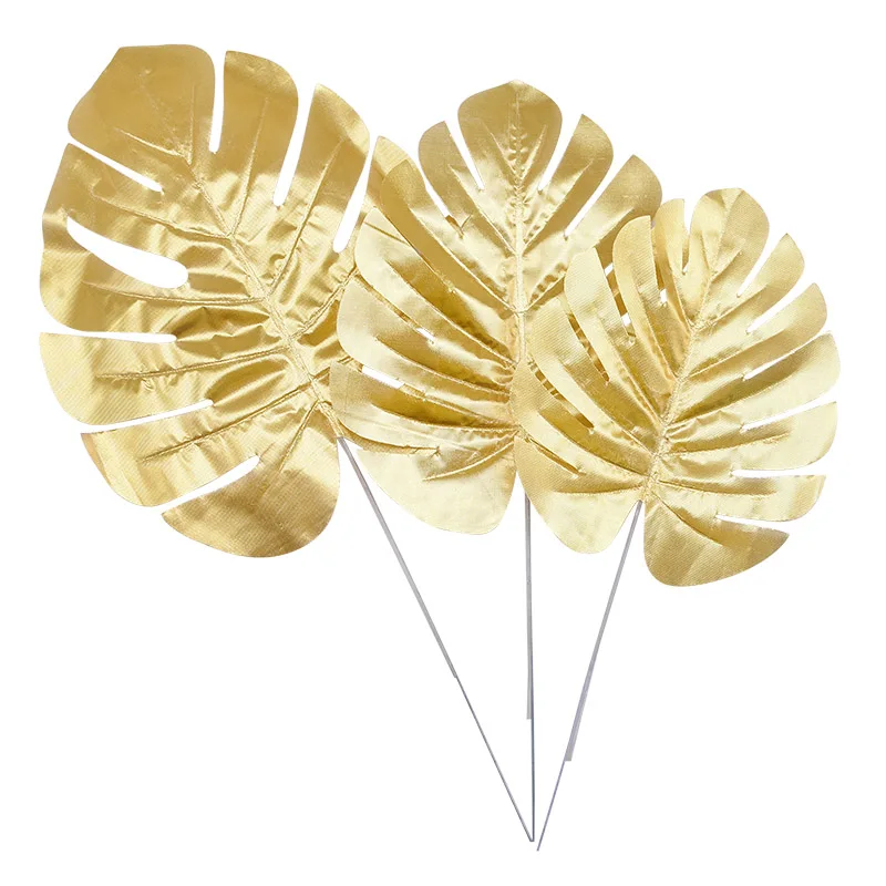 

5/10pcs Gold Artificial Tropical Monstera Leaves Silk Palm Plant for Hawaii Theme Party Home Garden Decoration Accessories