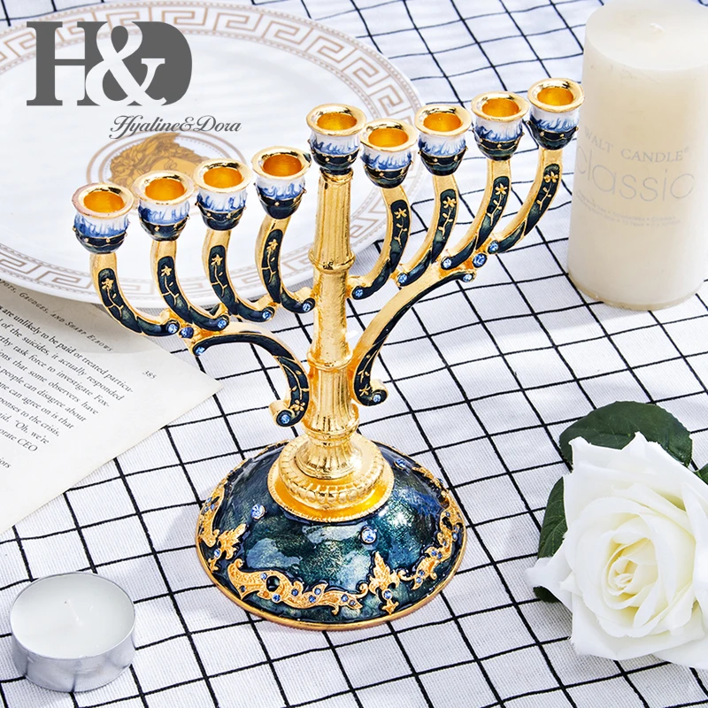 H&D ручная роспись Эмаль Цветочный Hanukkah Menorah подсвечник 9 веток канделябры украшенные кристаллами Звезда Давида Хамса