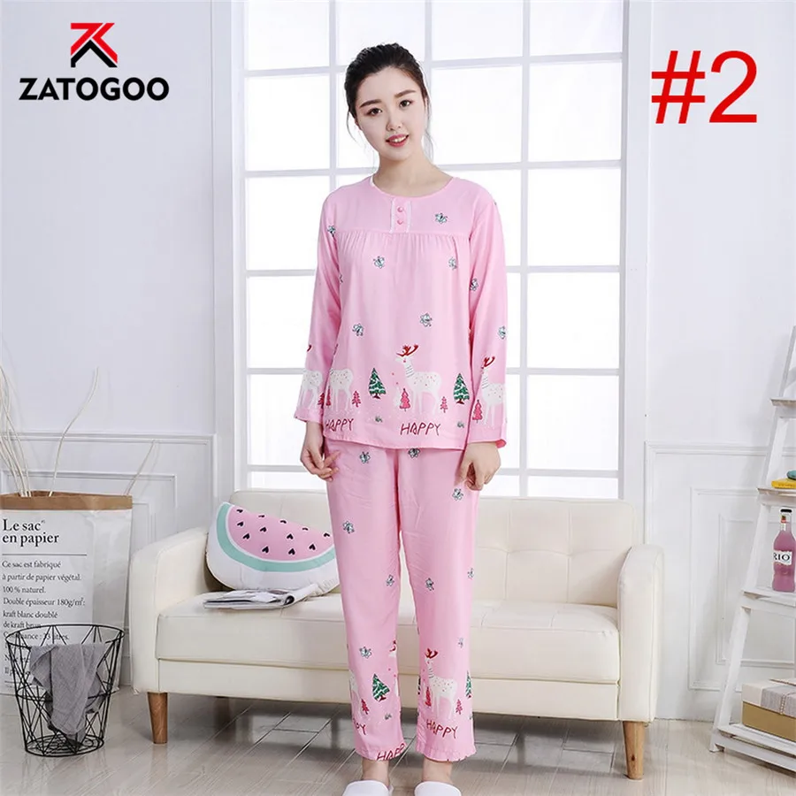 Pattern 2 Осенний тонкий домашний костюм мультфильм Женская пижама с длинным рукавом Цветочный костюм домашний женский милый мягкий удобный пижамный комплект розовый синий - Цвет: Pattern 2