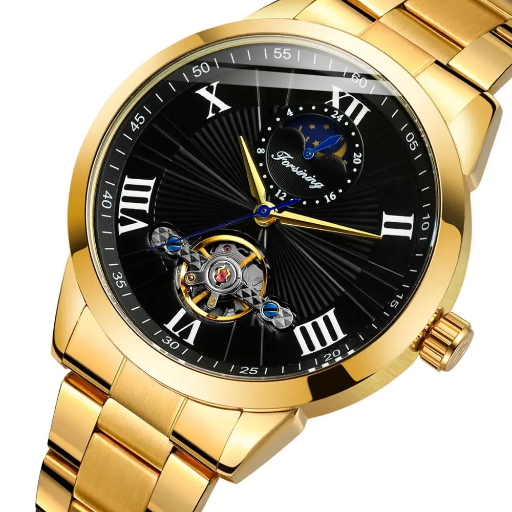 Moon Phase Мужские часы Tourbillon деловые наручные часы для мужчин автоматические механические золотые часы для мужчин relogio masculino WINNER - Цвет: gold black