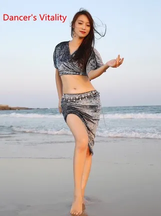 Top Skirt as Photo Женская тренировочная одежда для танца живота, зимний велюровый топ с v-образным вырезом, сексуальная юбка с разрезом, для восточных индийских танцев, для выступлений, тренировочный наряд - Цвет: Top Skirt as Photo