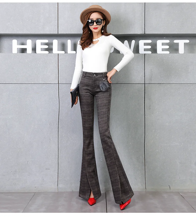 Элегантные женские клетчатые брюки новые зимние шерстяные расклешенные брюки женские брюки с высокой талией облегающие Женские шерстяные брюки клетчатые брюки для женщин