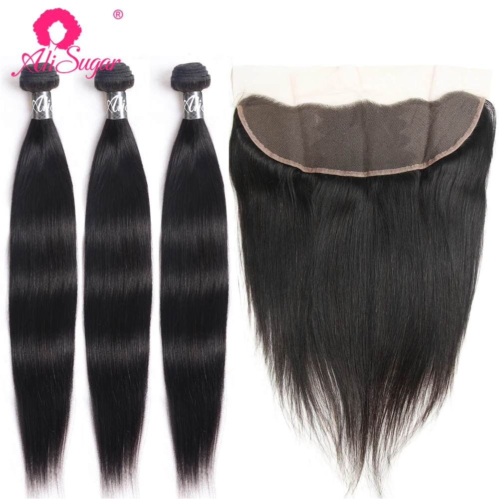 

Ali Sugar Virgin Hair Malaysian Straight Bundles With 13*4 Lace Frontal Natural Color 100% Raw Human Hair Extensions