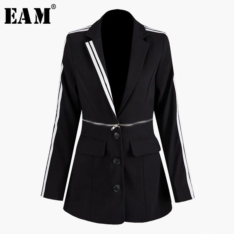 

[EAM] Loose Fit Spliced Contrast Color Zipper Jacket New Lapel Long Sleeve Women Coat Fashion Tide Autumn Winter 2019 1A512