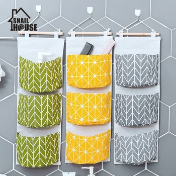 

Snailhouse Waterproof Cotton Linen Storage Bag Hanging Cloth 3 Pockets Hanging Bag Sundries Storage Bag Behind the Door