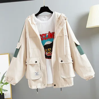 

[EWQ] 2020 Spring Autumn New Jacket Hooded Lapel Collar Long Sleeve Hit Colors Patchwork Safari Style Korea Coat Women 3AJ859