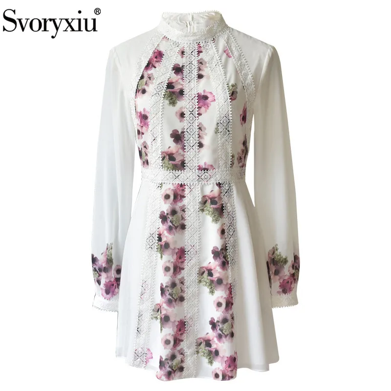 

Svoryxiu Chiffon Flower Print Patchwork Lace Embroidery Dress Women's Designer Autumn Long Sleeve Elegant Short Dress