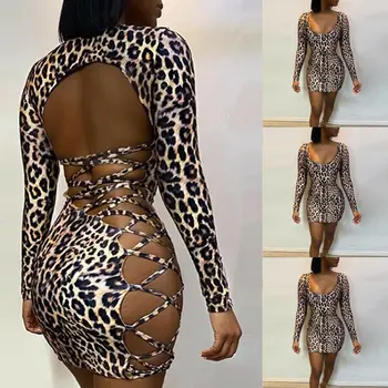 

Sexy Women Bodycon Mini Dress Leopard Bandage Long Sleeve Party Club Dress
