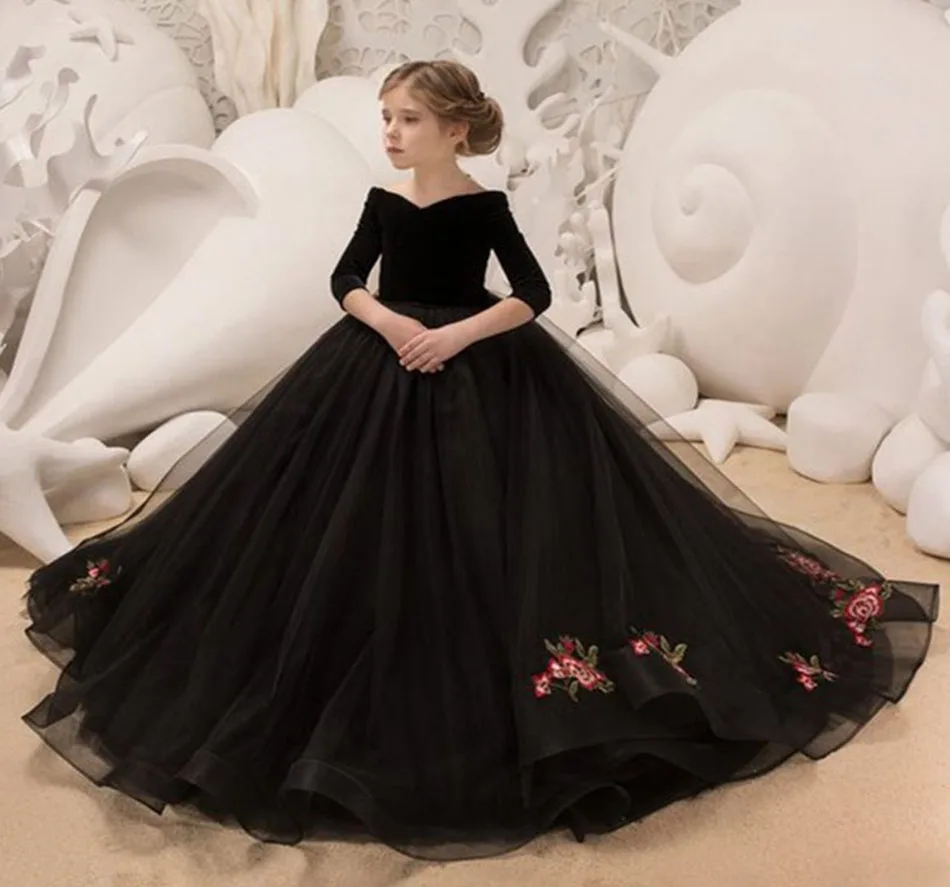 2022 New Kids Dresses Girl Elegant Long Prom Black Embroidery Tulle Gowns Children Stage Dress 8 Grade Graduation Dresses baby girl skirt clothes