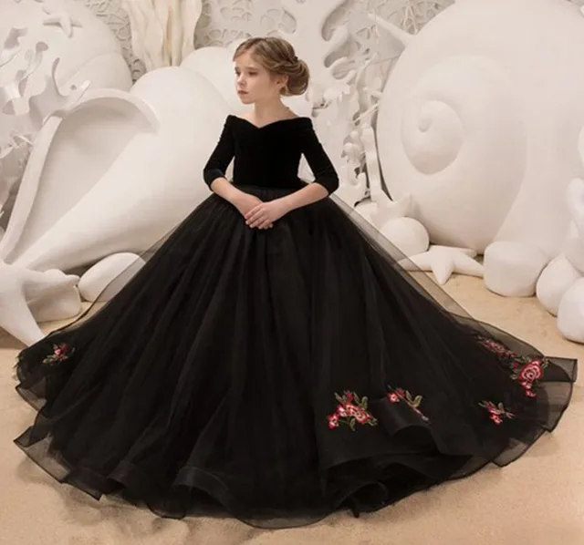 2022 New Kids Dresses Girl Elegant Long Prom Black Embroidery Tulle Gowns  Children Stage Dress 8 Grade Graduation Dresses