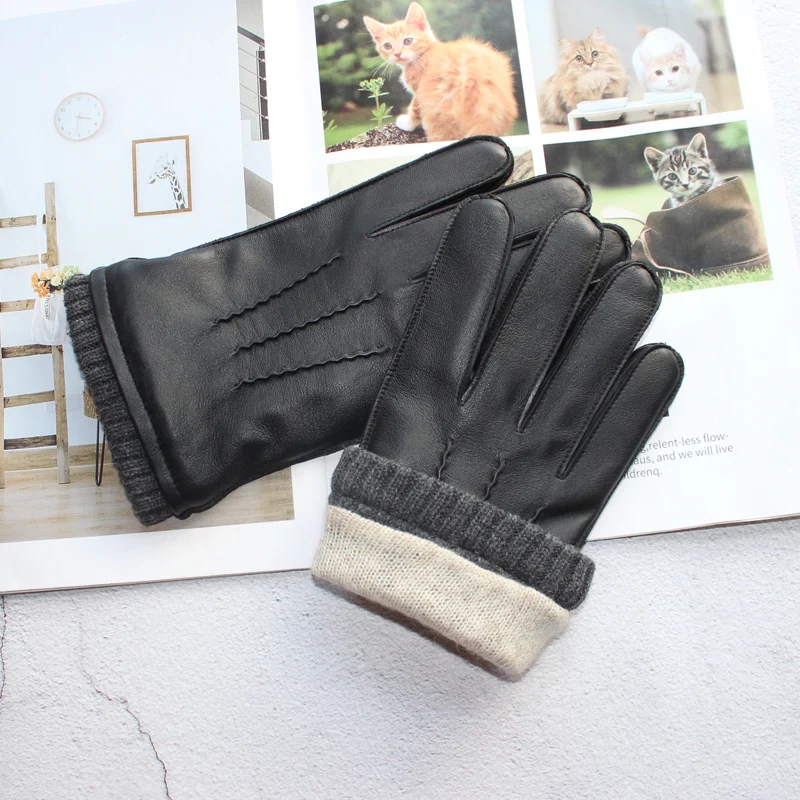 High-quality sheepskin touch screen gloves men's new corrugated wool knitted warm velvet motorcycle driving leather gloves