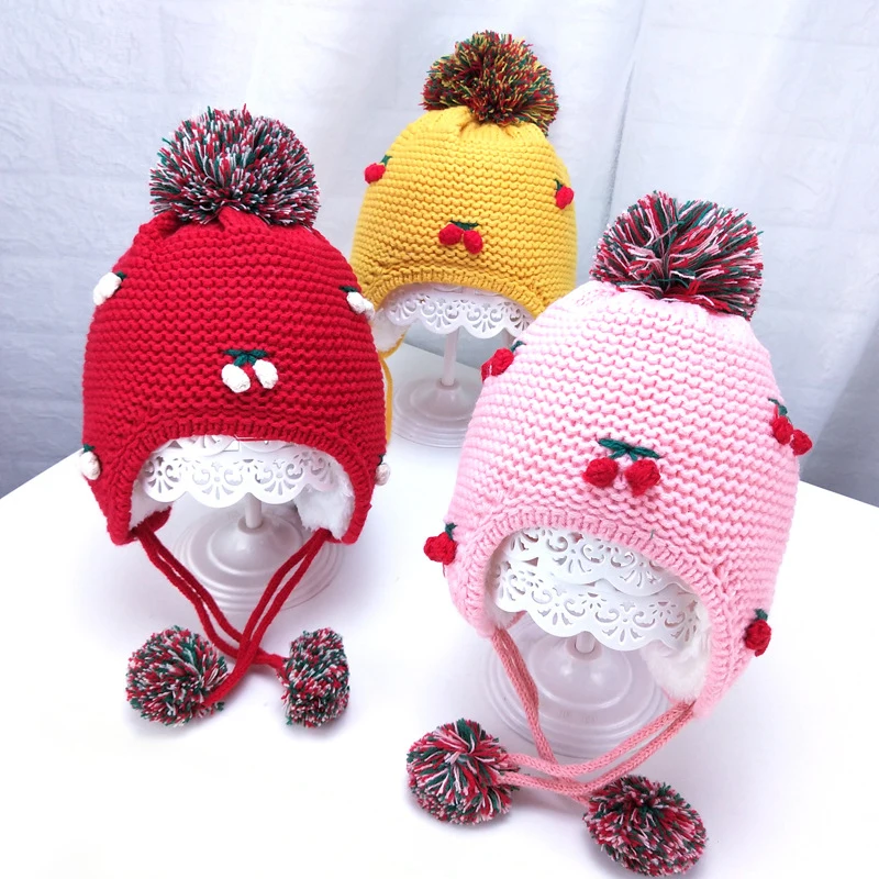 

Winter Cute Cherry Knitted baby Hat Girl Boy Pompon Winter Hats For Girls Boys Thick Cotton Earmuffs Caps Kids Autumn Beanies