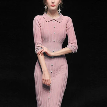 

Seifrmann Autumn Women Fashion Runway office Pencil Dress Half Sleeve Beading Button Elegant Bodycon Ladies Party Midi Dresses