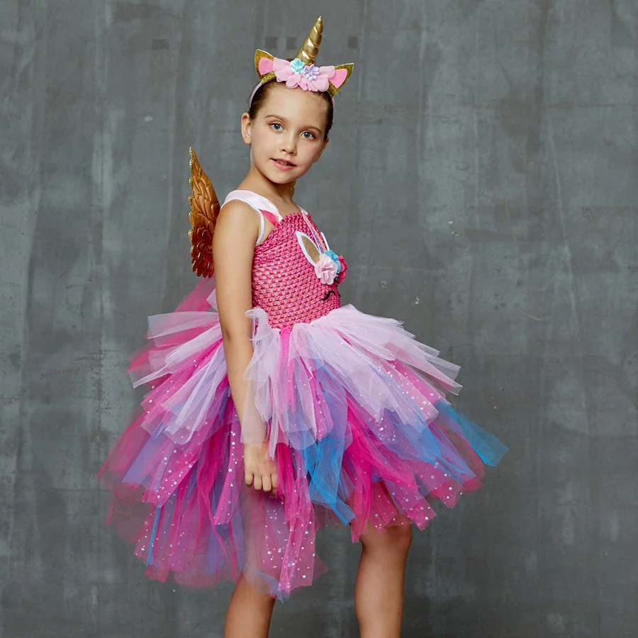 Layered Flower Girl Unicorn Tutu Dress with Headband Wings Sequins Birthday Party Halloween Cosplay Tutu Dress up Unicorn Costume (1)