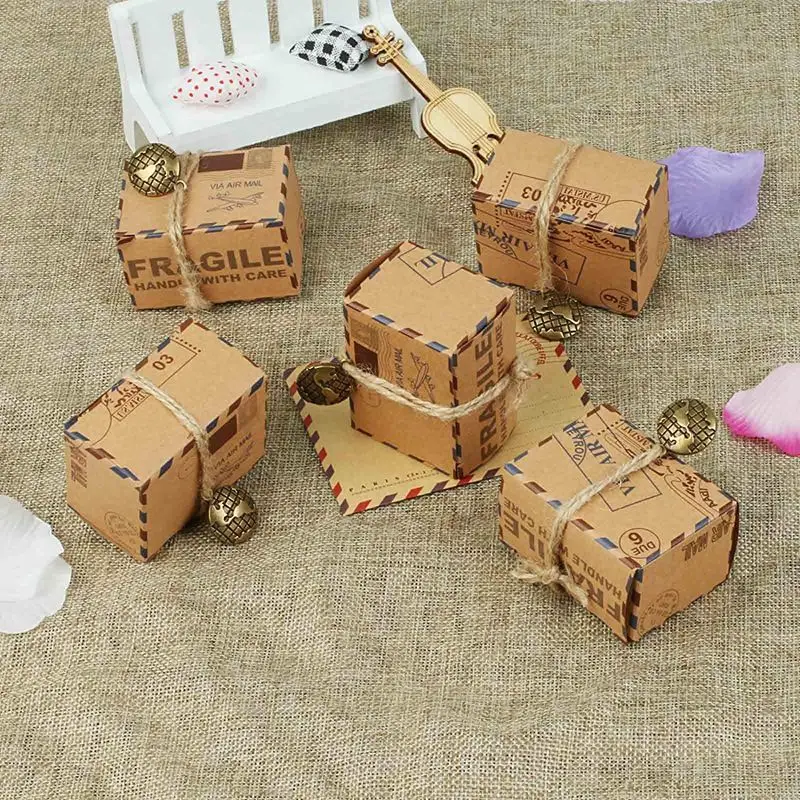 50pcs Inspired Airmail Favor Boxes Bonbonniere With Globe Kraft Paper Candy Boxes Gift Box With Burlap Twines for wedding airpla
