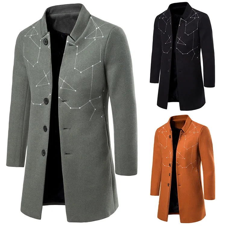 New Autumn Winter Men Warm Jacket Long Sleeve Hooded Solid Coat Pattern Printing Male Clothing Trench Streetwear Cardigan