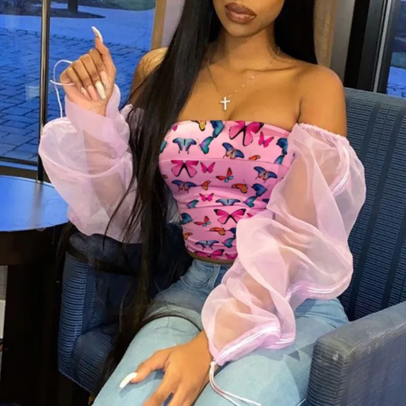 CHRONSTYLE mujeres estampado de mariposa blusas Crop Tops cuello barra larga Puff manga hombro sin espalda jerseys