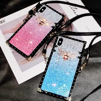 

Metal square silicone Glitter Bee Adjustable lanyard phone case For Samsung Galaxy S8 S9 S10 Edge Lite Plus + Note 8 9 10 Cover