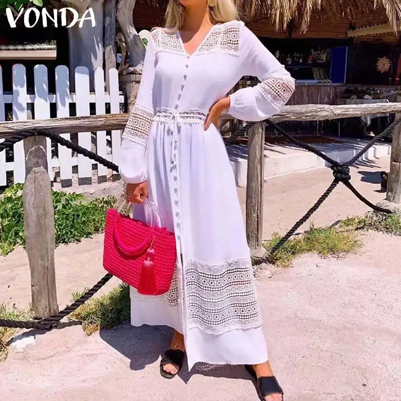 VONDA Платье макси с длинным рукавом для женщин сплошной цвет сексуальный V образным вырезом богемные платья для вечеринок свободный пляж длинный халат