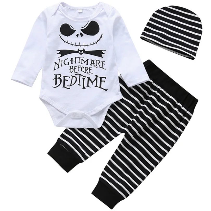 

Halloween Baby Jumpsuit Set Boys Long Sleeve Cartoon Letters Print Romper Stripe Pants Hat Outfits Three-Piece Autumn Pants Set