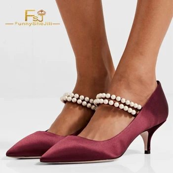 

Elegant Retro Burgundy Pearl Satin Mary Jane Pumps Kitten Heel Pointed Toe Ankle Strap Women Pumps Spring Autumn Large Size 16