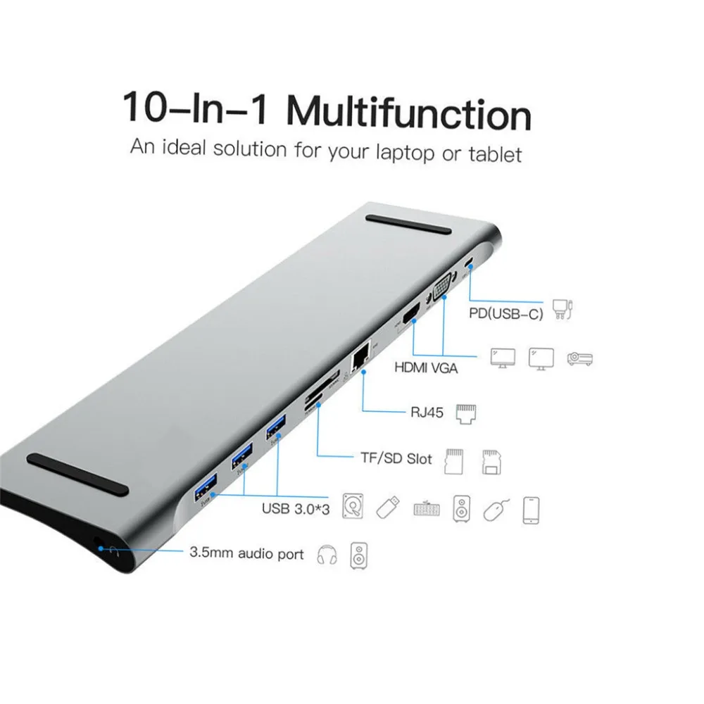 10 в 1 Тип C концентратор к HDMI USB 3,0 RJ45 адаптер док-станция для ноутбука мобильный телефон Поддержка usb тип-c DisplayPort Alt режим 0926